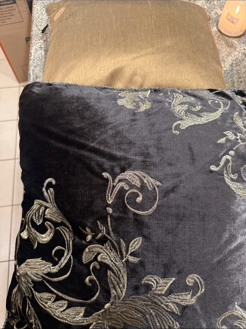 Decorative Velvet Throw Pillow with Gold Embroidered Scrolls - Gray